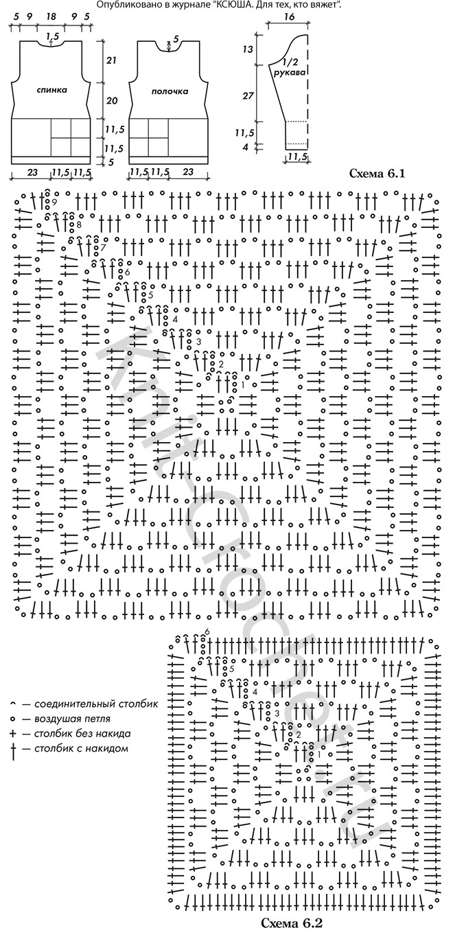 Выкройка, схемы узоров с описанием вязания крючком женского пуловера с композицией из квадратов размера 44-46.
