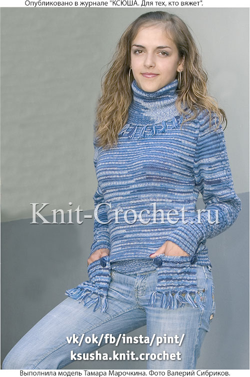 Связанный на спицах женский свитер с погонами и карманами размера 46-48.