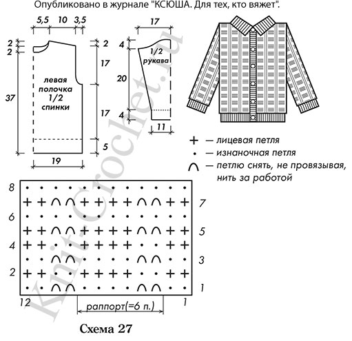Выкройка, схемы узоров с описанием вязания спицами жакета для мальчика на рост 122 см.