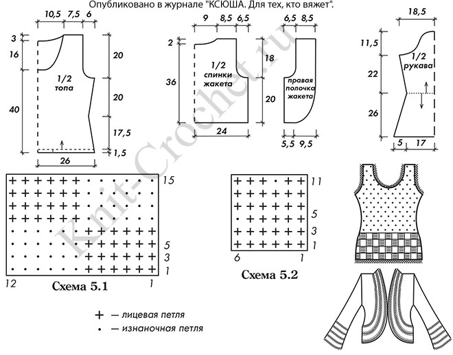 Выкройка, схемы узоров с описанием вязания спицами топа и жакет болеро 48-50 размера.