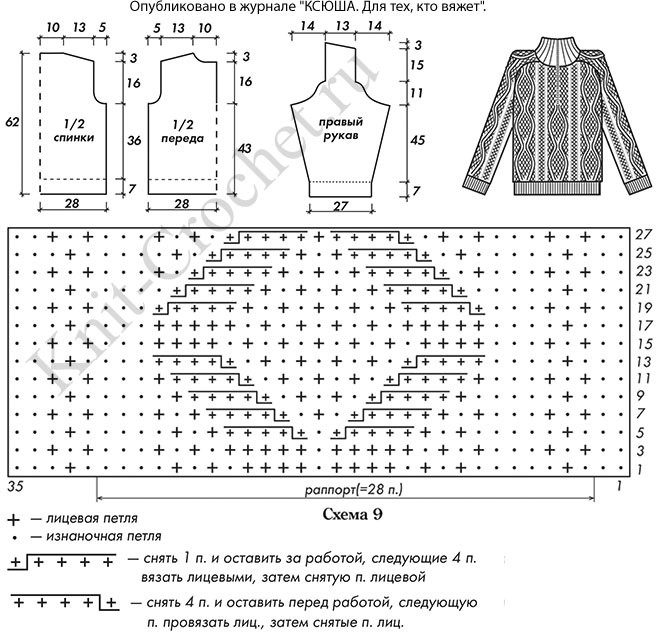 Выкройка, схемы узоров с описанием вязания спицами мужского пуловера размера 52-54.