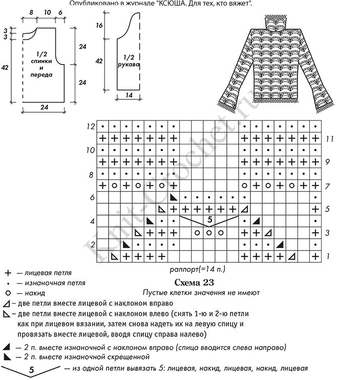 Выкройка, схемы узоров с описанием вязания спицами женского ажурного свитера размера 46-48.
