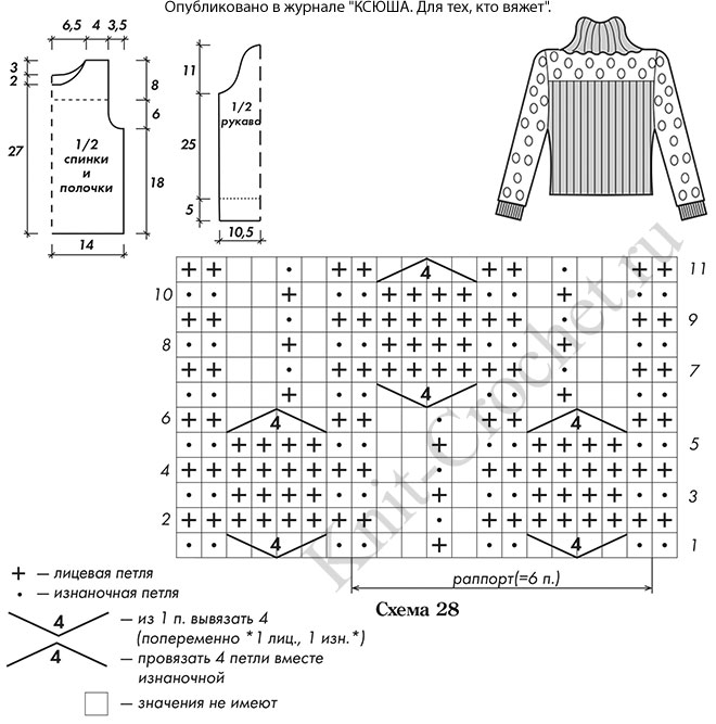 Выкройка, схемы узоров с описанием вязания спицами свитера для девочки на рост 112-114 см.