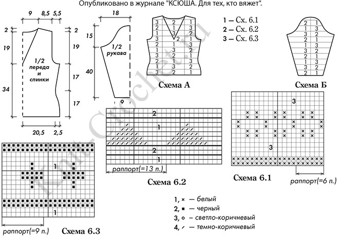Выкройка, схемы узоров с описанием вязания спицами женского пуловера с жаккардовыми узорами 44 размера.