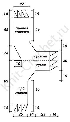 Выкройка для вязания крючком женского кардигана размера 48-50.