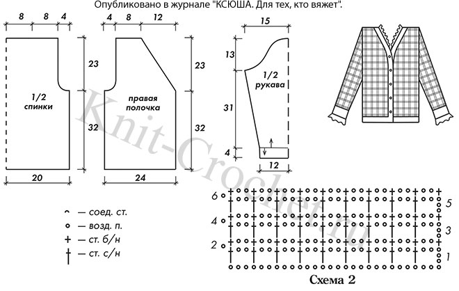 Выкройка, схемы узоров с описанием вязания крючком женского ажурного жакета размера 42-44.