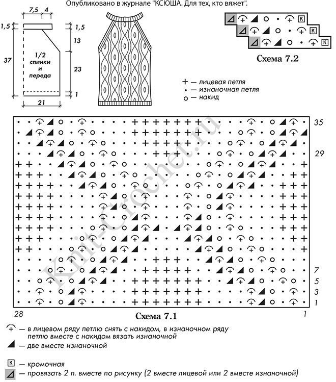 Выкройка, схемы узоров с описанием вязания спицами топа со скошенными проймами 42-44 размера.