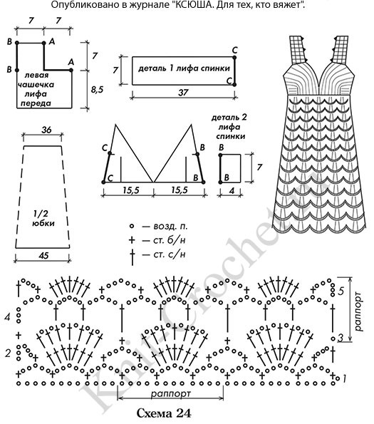 Выкройка, схемы узоров с описанием вязания крючком платья размера 42-44.