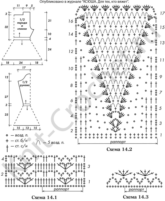 Выкройка, схемы узоров с описанием вязания крючком женского ажурного пуловера размера 46-48.