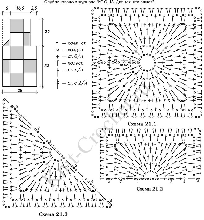 Выкройка, схемы узоров с описанием вязания крючком женского жилета с квадратными мотивами размера 52-54.