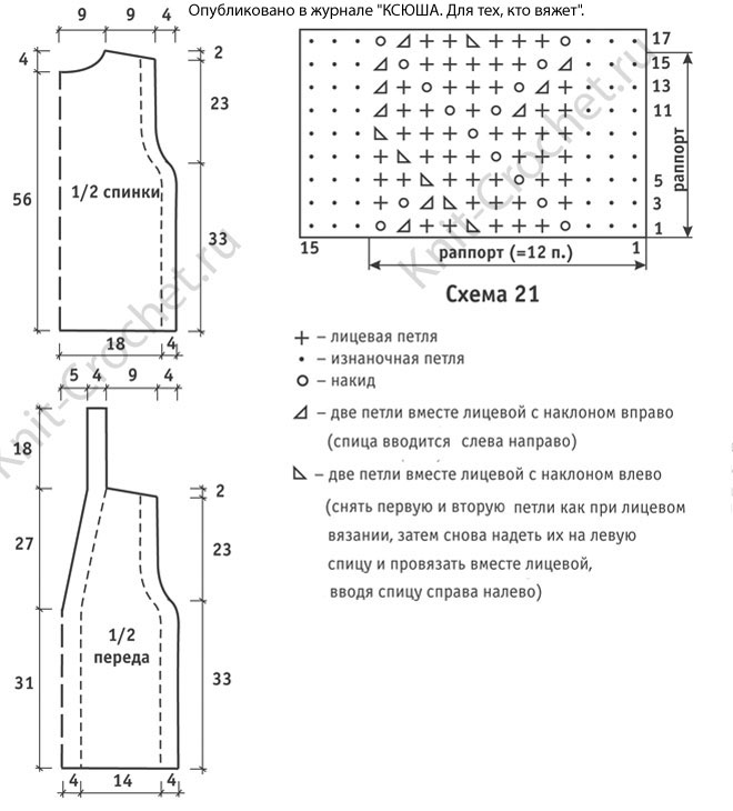 Выкройка, схемы узоров, обозначения для вязания спицами женской ажурной безрукавки 44-46 размера.