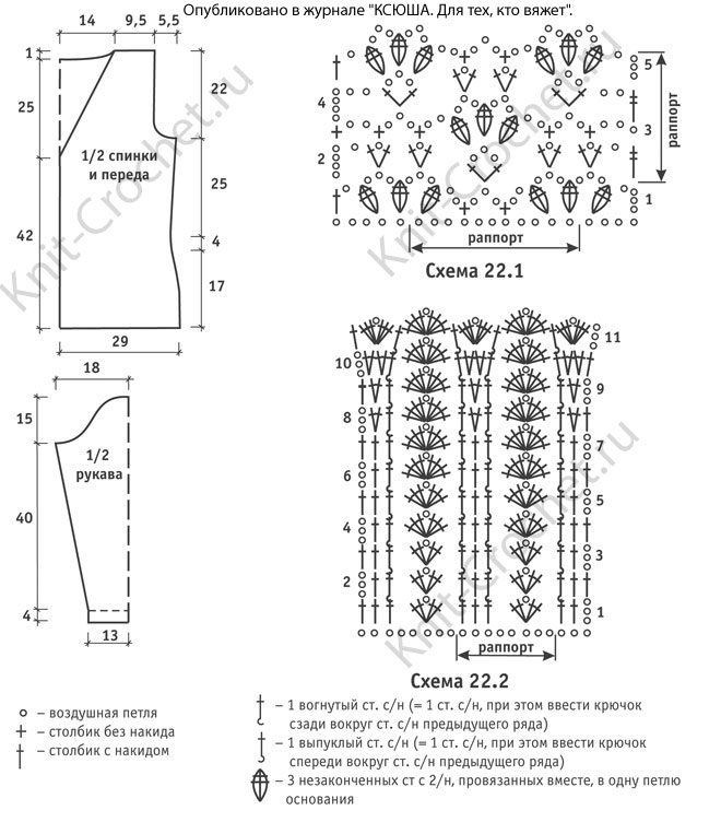 Выкройка, схемы узоров и условные обозначения для вязания крючком жакета «ассорти» 46-48 размера с большим воротником.