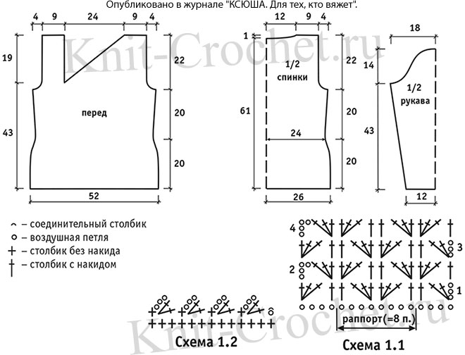 Выкройка, схемы узоров с описанием вязания крючком туники с асимметричной горловиной размера 48-50.