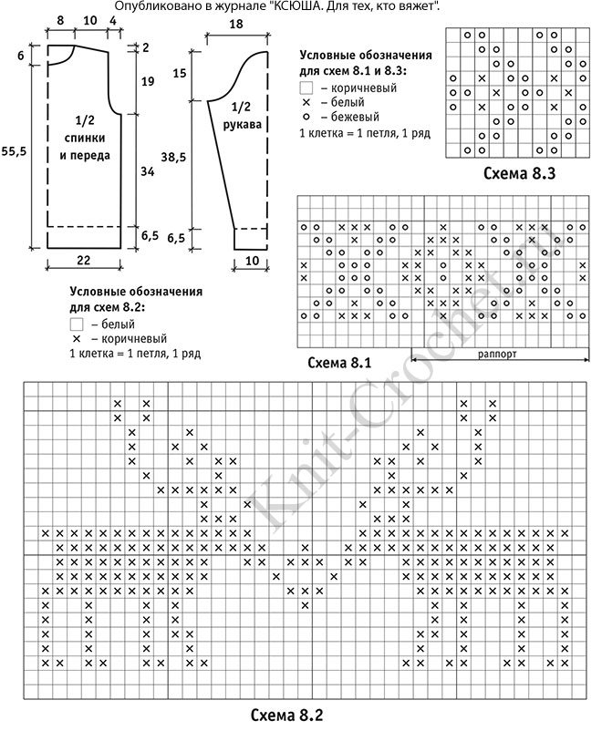 Выкройка, схемы узоров с описанием вязания спицами женского свитера с орнаментом размера 42-44.