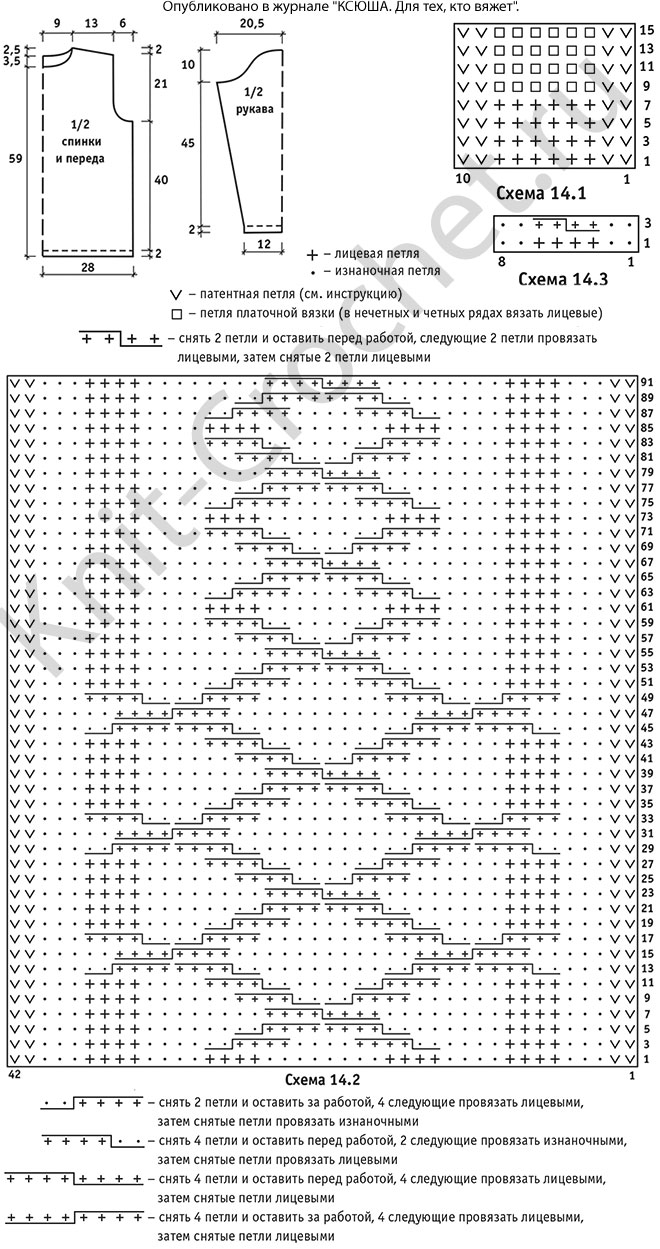 Выкройка, схемы узоров с описанием вязания спицами женского свитера с отложным воротником размера 48-50.