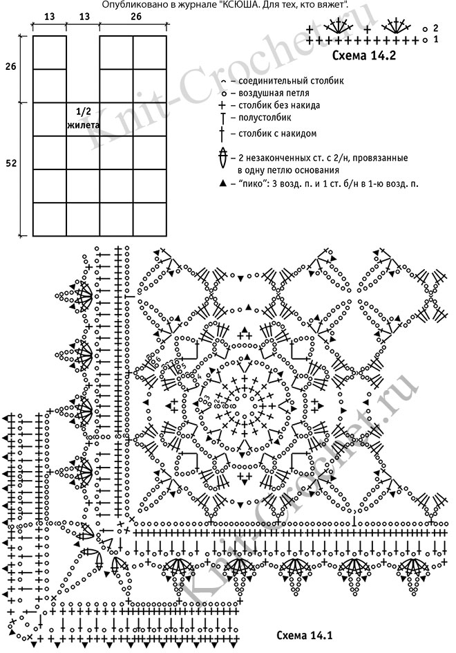 Выкройка, схемы узоров с описанием вязания крючком женского жилета из квадратных мотивов размера 50-52.