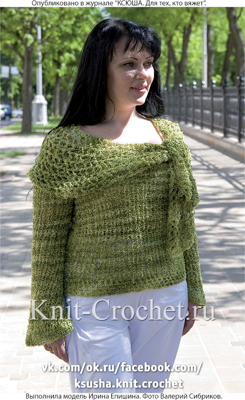 Женский пуловер с шалевым воротником размера 46-48, связанный на спицах.