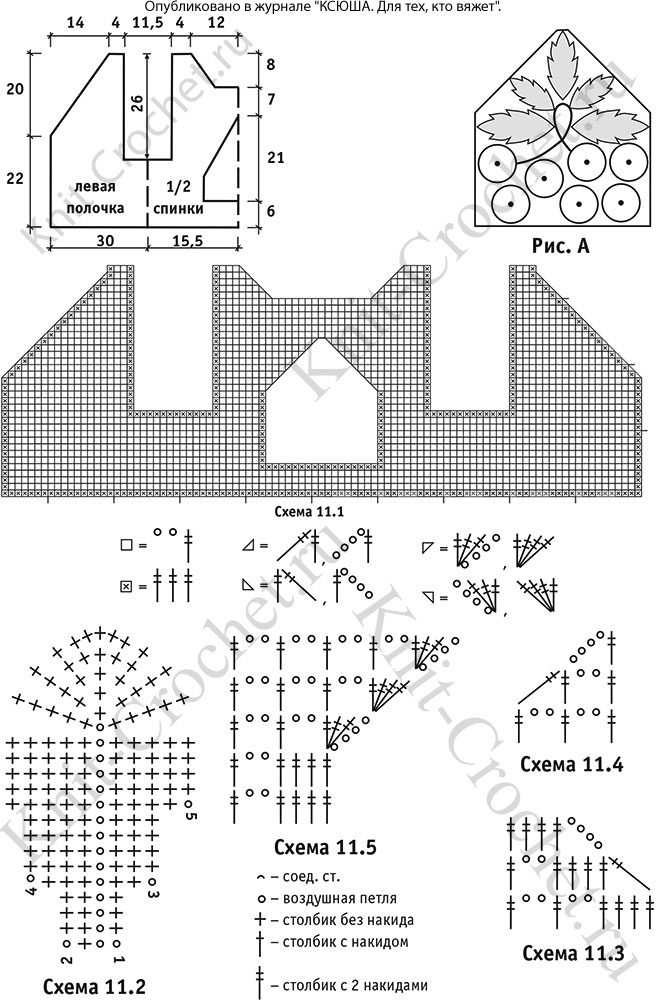 Выкройка, схемы узоров с описанием вязания крючком женского жилета размера 42-44.