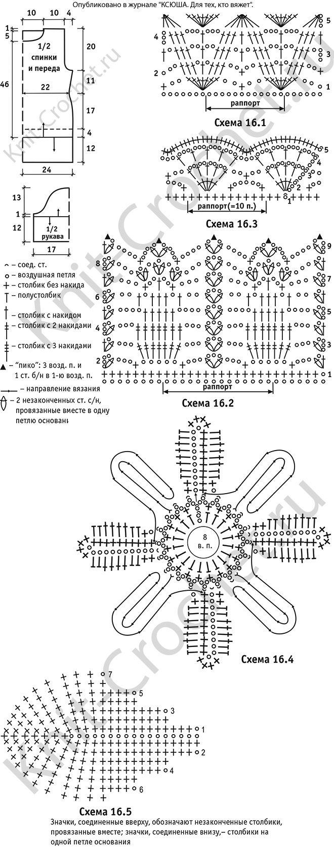 Выкройка, схемы узоров с описанием вязания крючком женского пуловера с цветочной аппликацией размера 44-46.