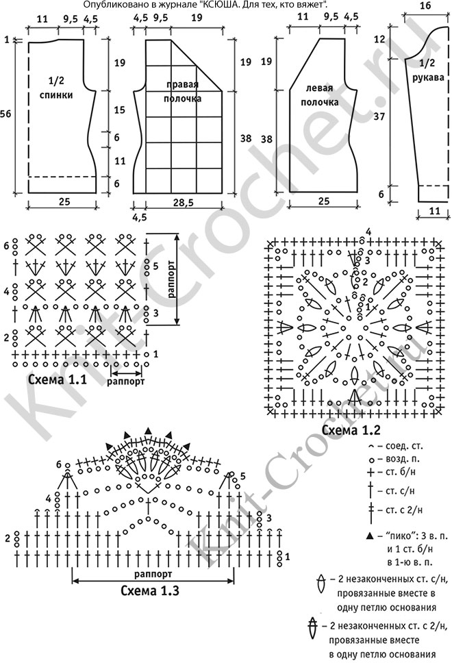 Выкройка, схемы узоров с описанием вязания крючком женского пуловера с имитацией жакета размера 46-48.