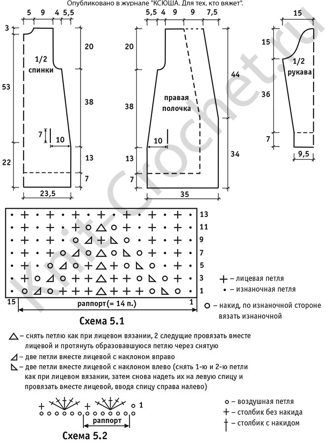 Выкройка, схемы узоров с описанием вязания спицами женского жакета с запахом и капюшоном 42-44 размера.