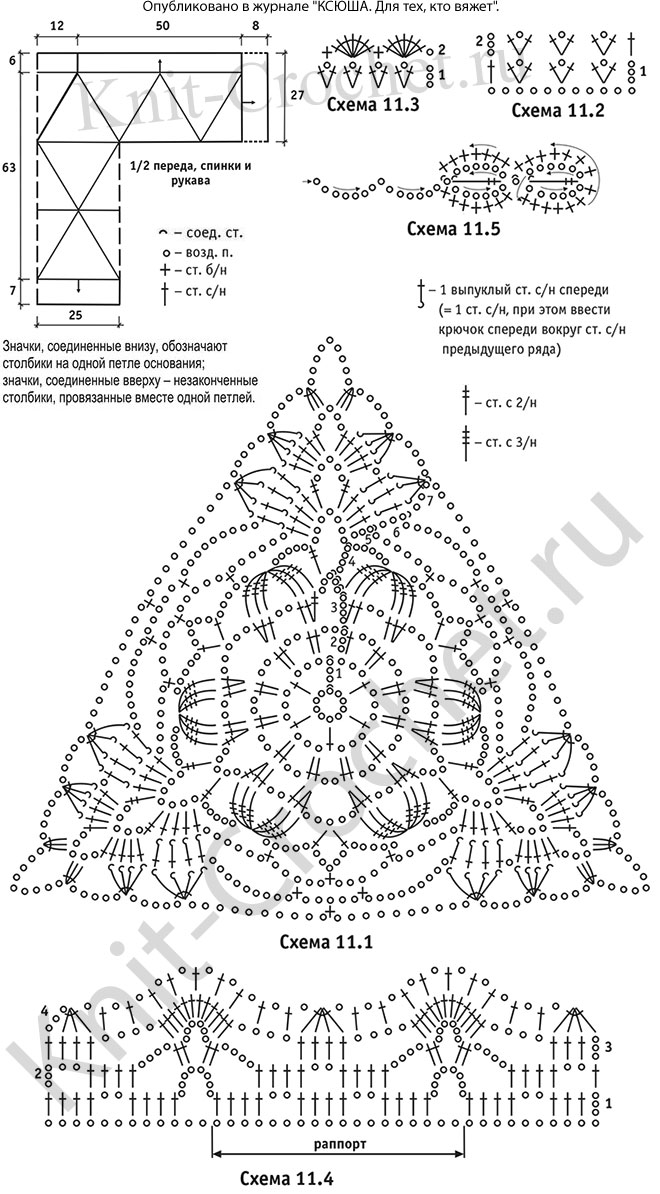 Выкройка, схемы узоров с описанием вязания крючком туники из треугольных мотивов размера 46-48.
