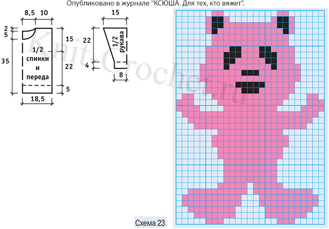 Выкройка, схемы узоров с описанием вязания спицами свитера с «медвежатами» для ребенка (2-3 года).