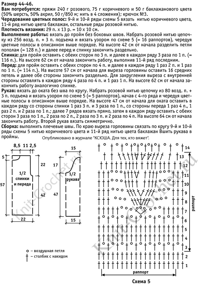 Выкройка, схемы узоров с описанием вязания крючком женского пуловера в полоску размера 44-46.