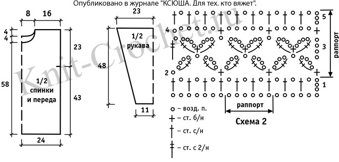 Выкройка, схемы узоров с описанием вязания крючком туники размера 44-46.