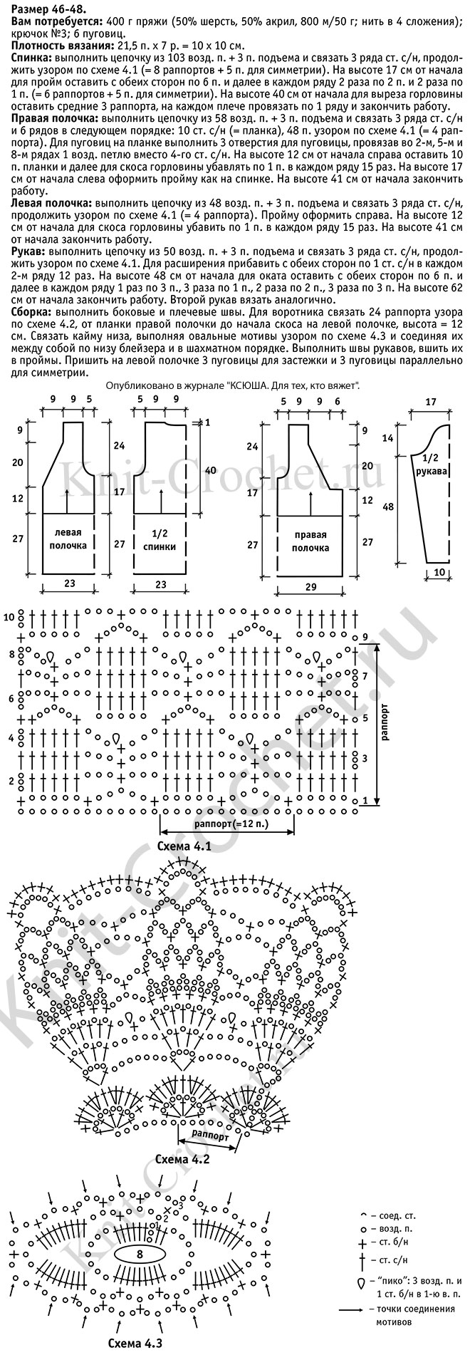 Выкройка, схемы узоров с описанием вязания крючком ажурного блейзера с каймой размера 46-48.