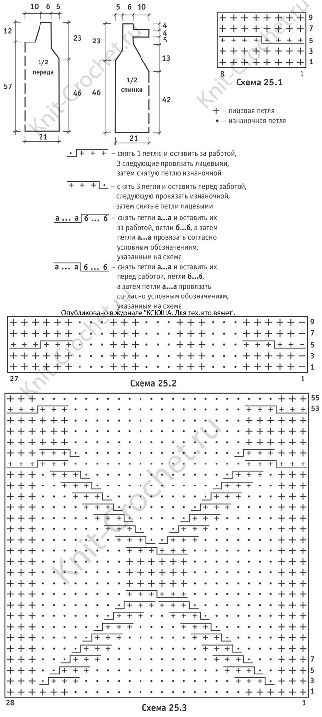 Выкройка, схемы узоров с описанием для вязания спицами топа с перемычкой 44-46 размера.