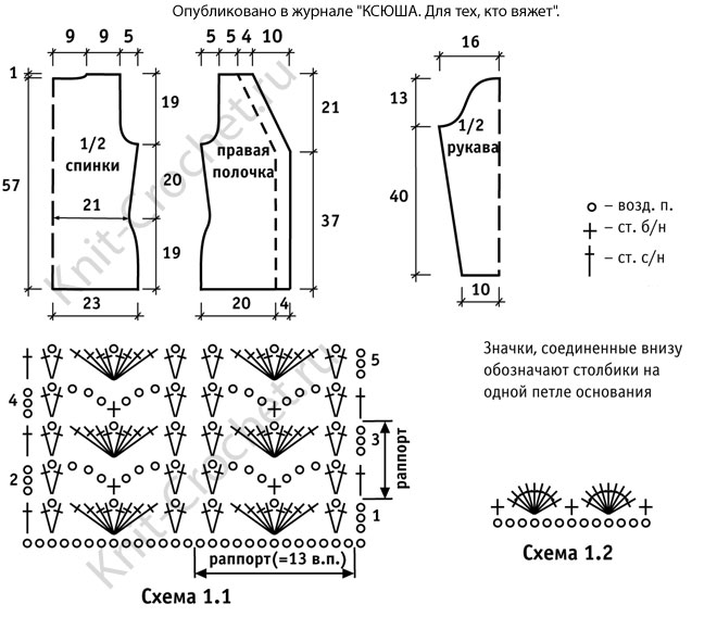 Выкройка, схемы узоров с описанием вязания крючком женского жакета в полоску размера 44-46.