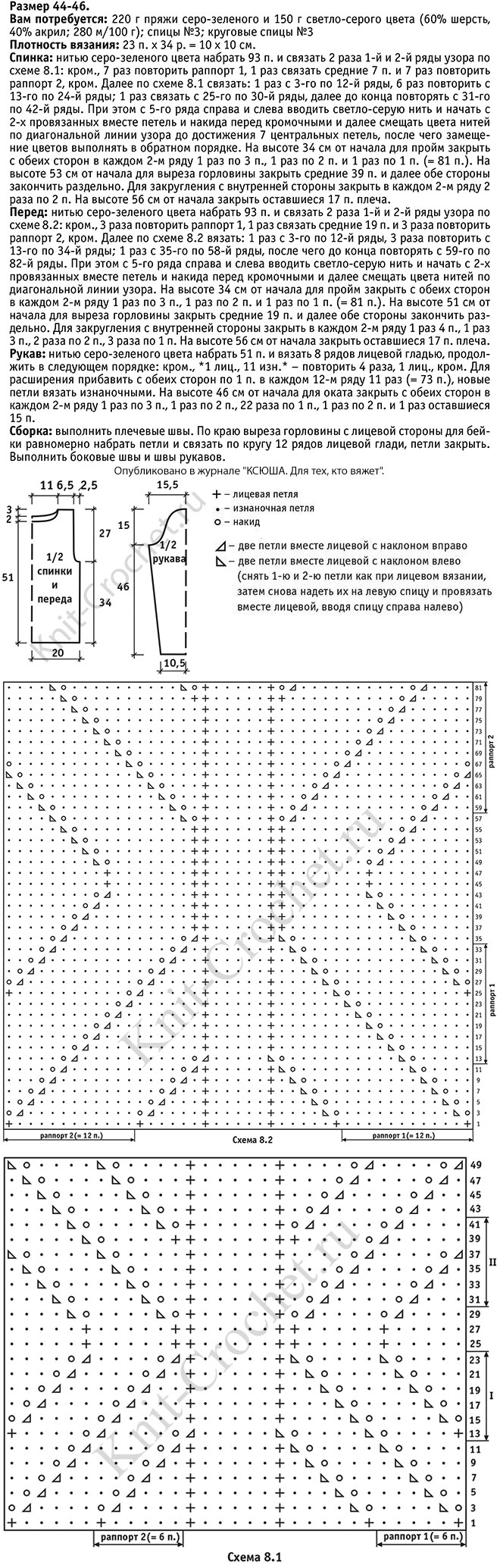 Выкройка, схемы узоров с описанием вязания спицами женского пуловера с диагональными линиями 44-46 размера.