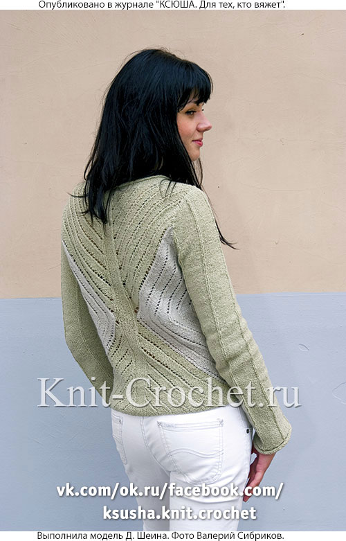 Женский пуловер с диагональными линиями размера 44-46, связанный на спицах.