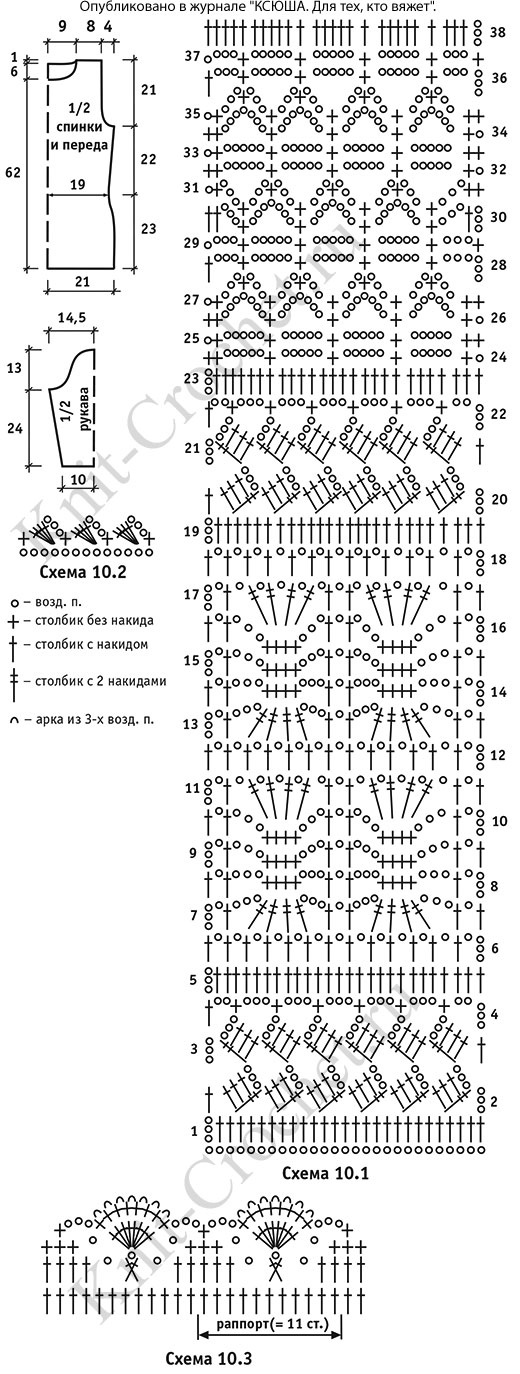 Выкройка, схемы узоров с описанием вязания крючком женского пуловера с пышными манжетами размера 42-44.
