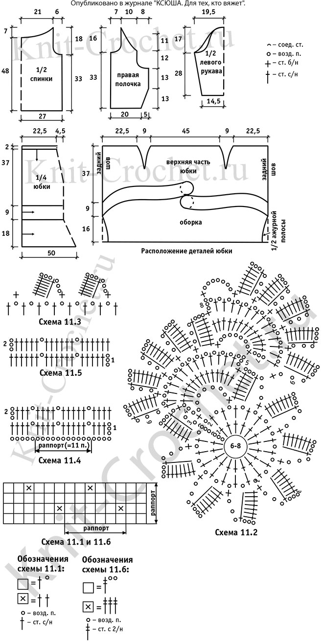 Выкройка, схемы узоров с описанием вязания крючком женского жакета и юбки размера 48-50.