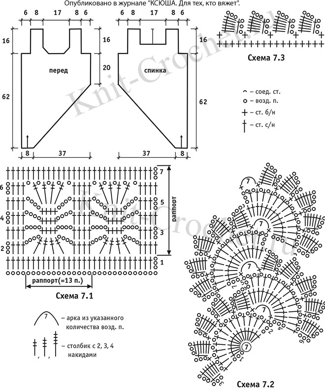 Выкройка, схемы узоров с описанием вязания крючком женского пуловера со скосом размера 44-46.