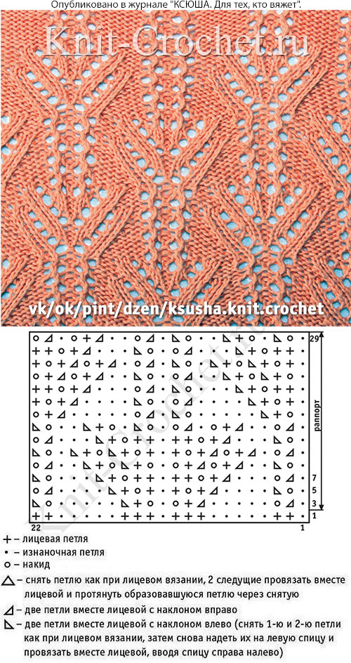Ажурный узор, связанный спицами со схемой и условными обозначениями.