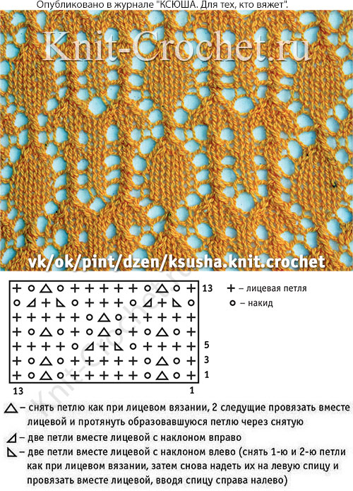 Ажурный узор, связанный спицами со схемой и условными обозначениями.