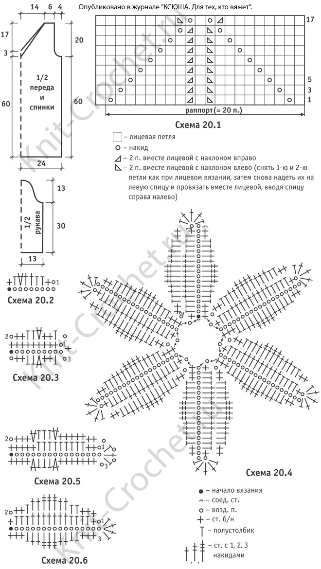 Выкройка, схемы узоров с описанием вязания спицами женской туники «Лилия» 44 размера .