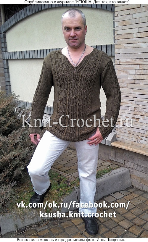 Связанный на спицах мужской пуловер поло 48-50 размера.