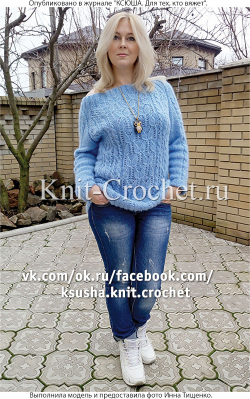 Женский пуловер реглан размера 46-48, связанный на спицах.