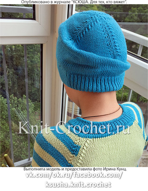 Джемпер с аппликацией и шапочка для мальчика на рост 104-110 см, вязанные на спицах.