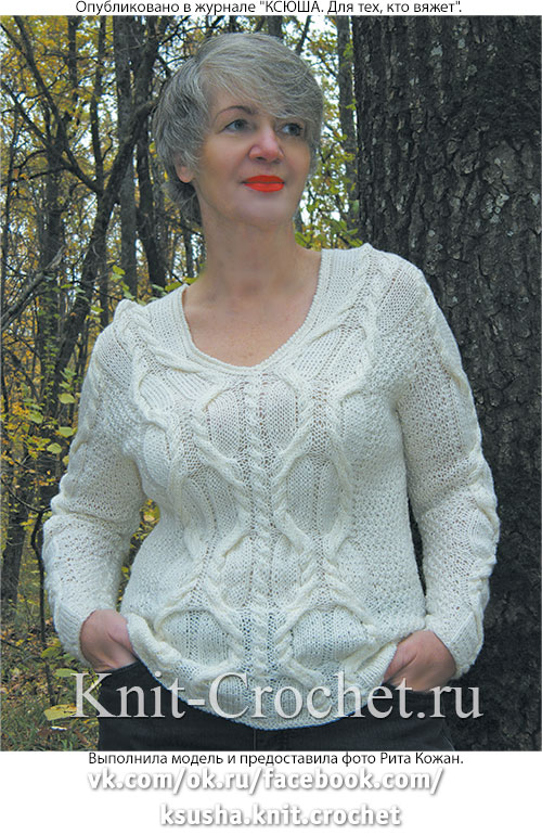 Женский пуловер размера 48-50, связанный на спицах.