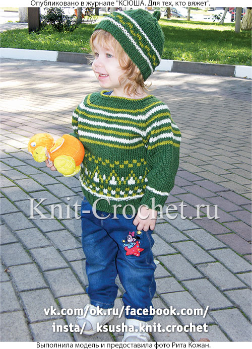 Джемпер-реглан и шапочка для девочки на рост 86-92 см (1,5-2 года), вязанные на спицах.