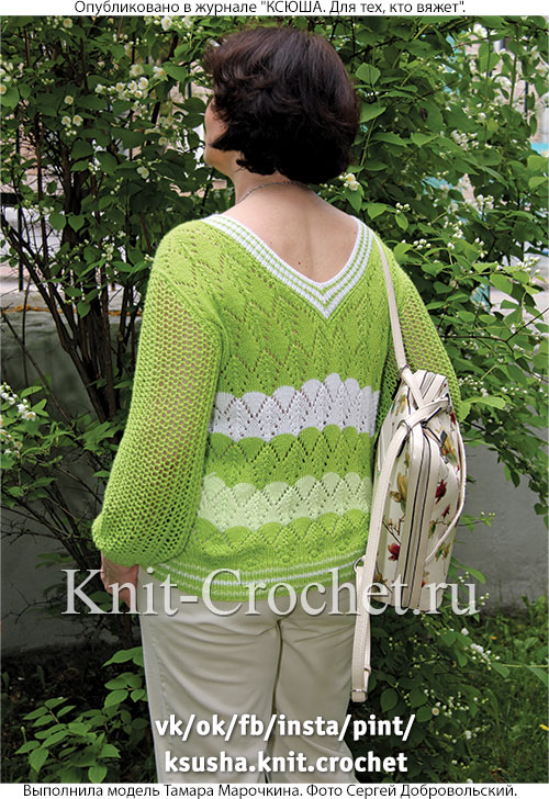 Женский двусторонний пуловер размера 48-50, связанный на спицах.