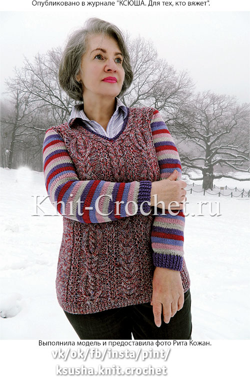 Женский жилет и пуловер размера 50-52, связанные на спицах.